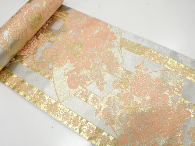 JAPANESE KIMONO / ANTIQUE BOLT FOR NAGOYA OBI / SILK / WOVEN PEONY & KIKU